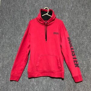 Hollister Mens Red Graphic Logo Pullover Hoodie Sweatshirt Size L Fleece Lined